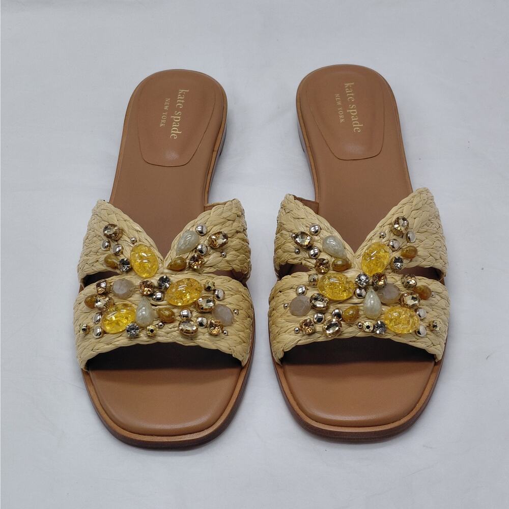 Kate Spade Womens Slide Sandals 9 Natural Raffia Crystal Beaded Boho Resort Shoe